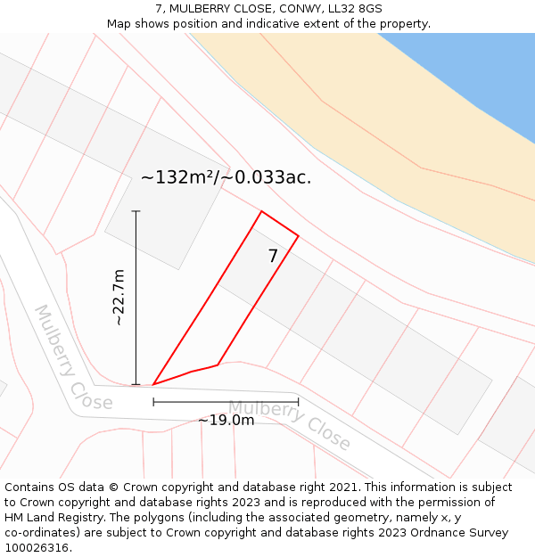 7, MULBERRY CLOSE, CONWY, LL32 8GS: Plot and title map