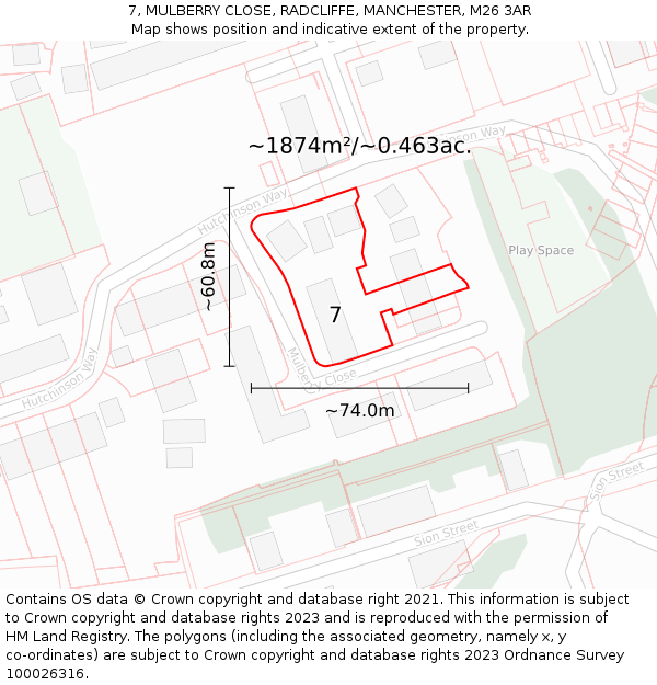 7, MULBERRY CLOSE, RADCLIFFE, MANCHESTER, M26 3AR: Plot and title map