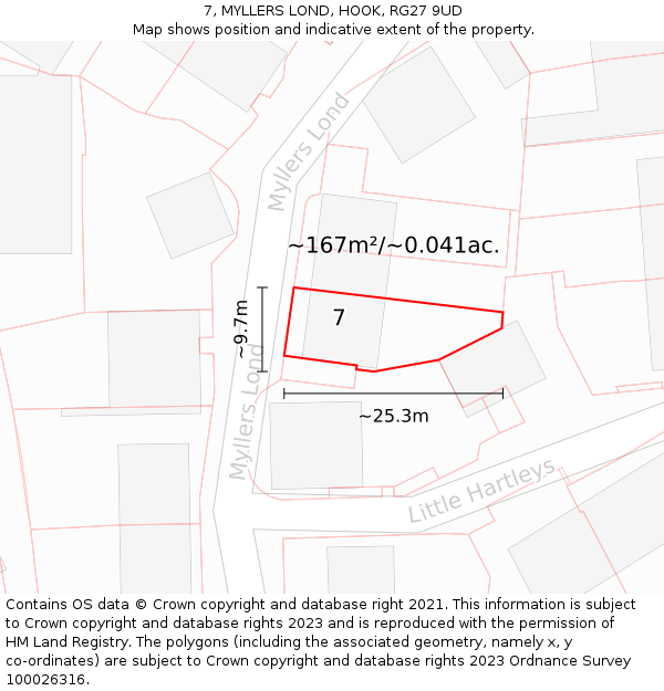 7, MYLLERS LOND, HOOK, RG27 9UD: Plot and title map