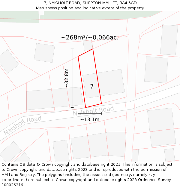 7, NAISHOLT ROAD, SHEPTON MALLET, BA4 5GD: Plot and title map