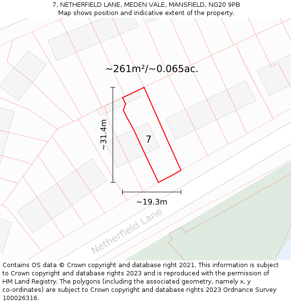 7, NETHERFIELD LANE, MEDEN VALE, MANSFIELD, NG20 9PB: Plot and title map