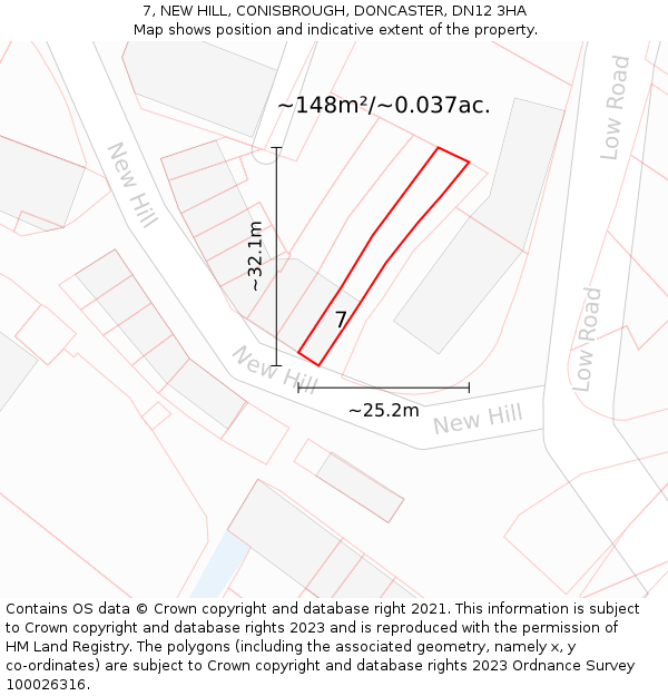 7, NEW HILL, CONISBROUGH, DONCASTER, DN12 3HA: Plot and title map