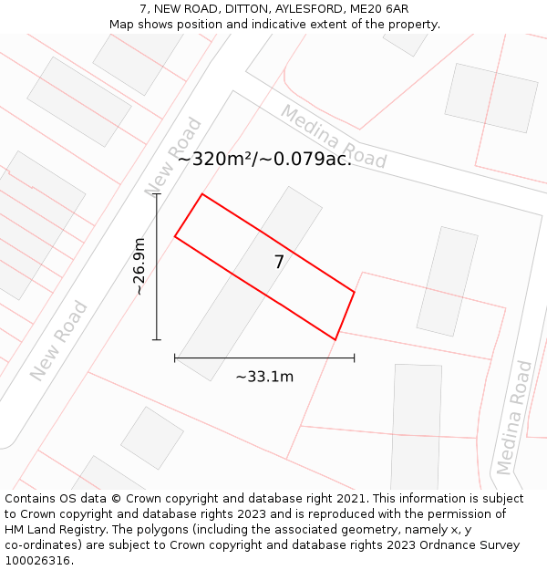 7, NEW ROAD, DITTON, AYLESFORD, ME20 6AR: Plot and title map