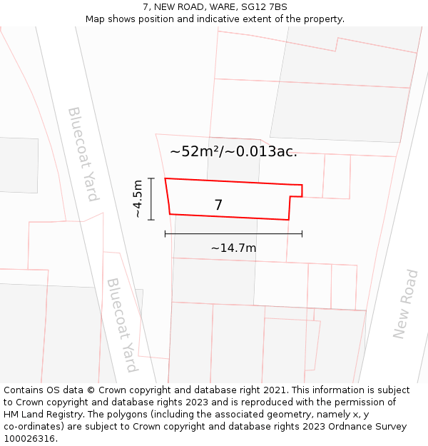 7, NEW ROAD, WARE, SG12 7BS: Plot and title map