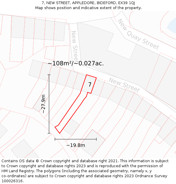 7, NEW STREET, APPLEDORE, BIDEFORD, EX39 1QJ: Plot and title map