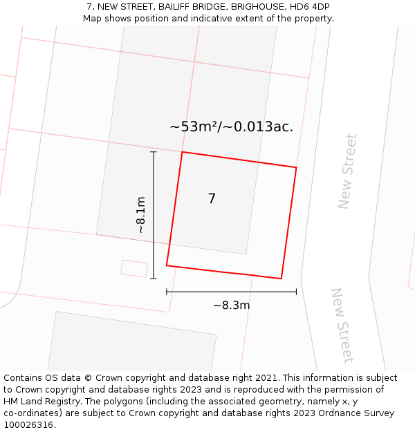 7, NEW STREET, BAILIFF BRIDGE, BRIGHOUSE, HD6 4DP: Plot and title map
