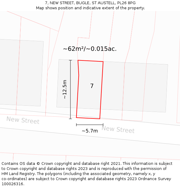 7, NEW STREET, BUGLE, ST AUSTELL, PL26 8PG: Plot and title map