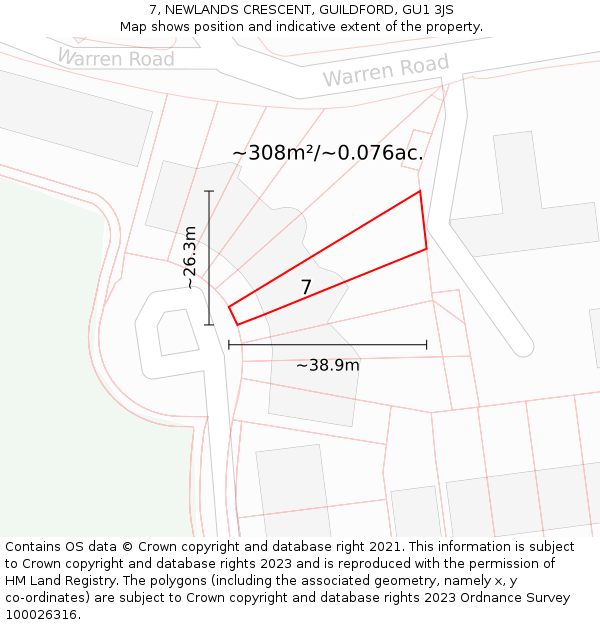 7, NEWLANDS CRESCENT, GUILDFORD, GU1 3JS: Plot and title map