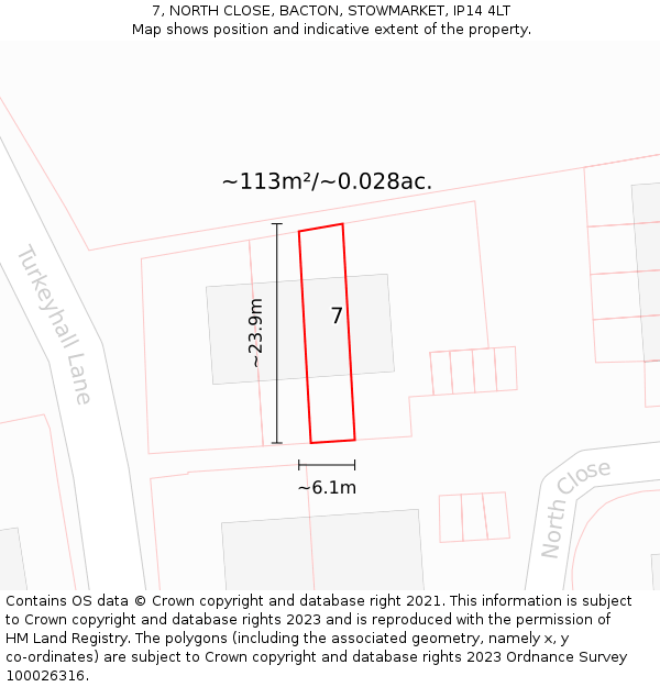 7, NORTH CLOSE, BACTON, STOWMARKET, IP14 4LT: Plot and title map