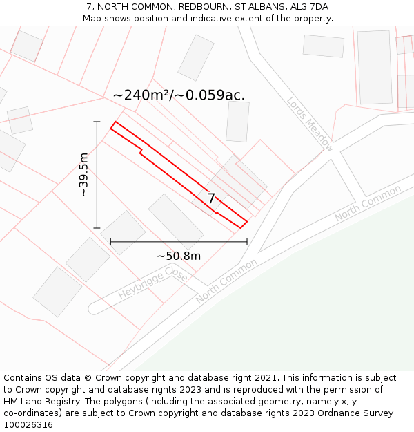 7, NORTH COMMON, REDBOURN, ST ALBANS, AL3 7DA: Plot and title map