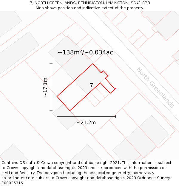 7, NORTH GREENLANDS, PENNINGTON, LYMINGTON, SO41 8BB: Plot and title map