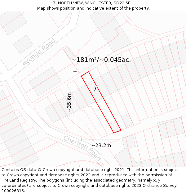 7, NORTH VIEW, WINCHESTER, SO22 5EH: Plot and title map