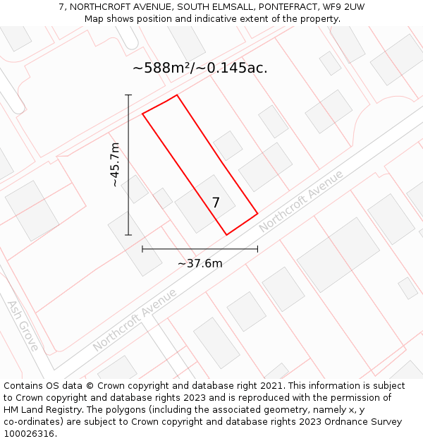 7, NORTHCROFT AVENUE, SOUTH ELMSALL, PONTEFRACT, WF9 2UW: Plot and title map