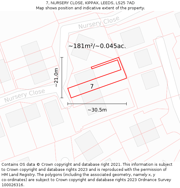 7, NURSERY CLOSE, KIPPAX, LEEDS, LS25 7AD: Plot and title map