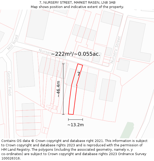 7, NURSERY STREET, MARKET RASEN, LN8 3AB: Plot and title map