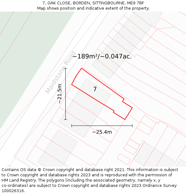 7, OAK CLOSE, BORDEN, SITTINGBOURNE, ME9 7BF: Plot and title map