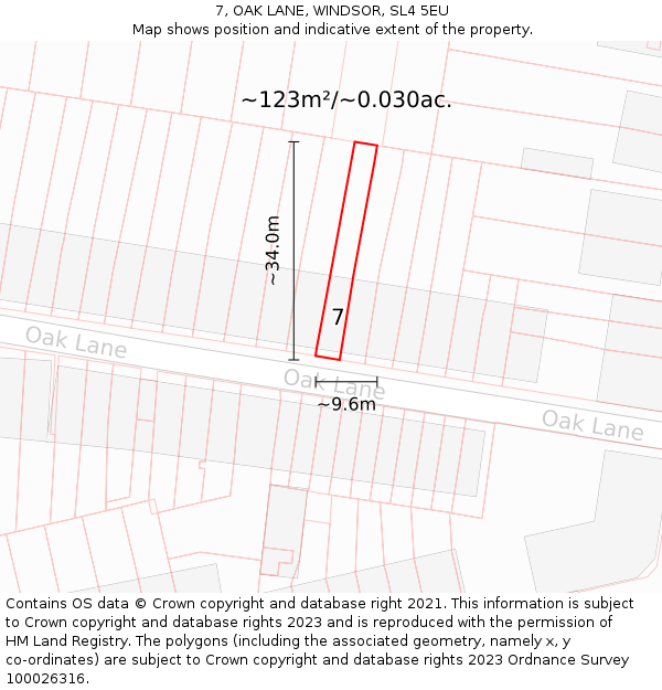 7, OAK LANE, WINDSOR, SL4 5EU: Plot and title map