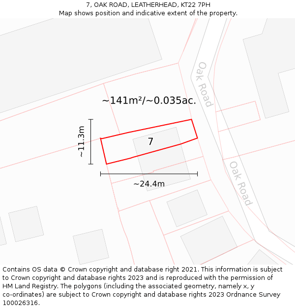 7, OAK ROAD, LEATHERHEAD, KT22 7PH: Plot and title map