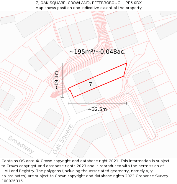 7, OAK SQUARE, CROWLAND, PETERBOROUGH, PE6 0DX: Plot and title map