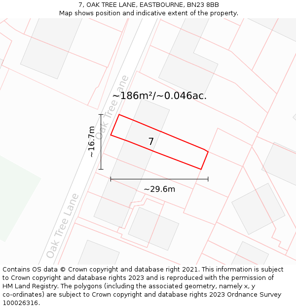 7, OAK TREE LANE, EASTBOURNE, BN23 8BB: Plot and title map