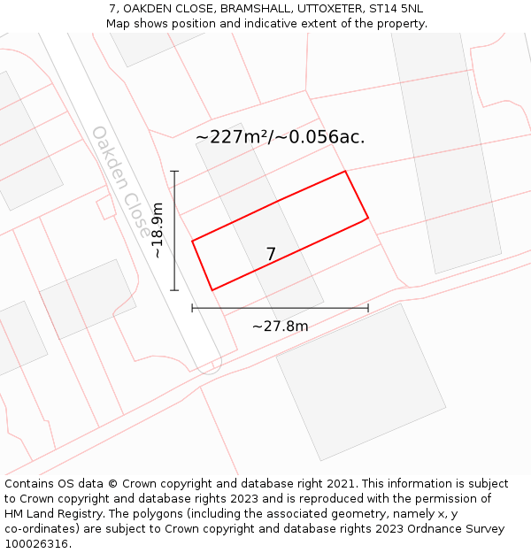 7, OAKDEN CLOSE, BRAMSHALL, UTTOXETER, ST14 5NL: Plot and title map