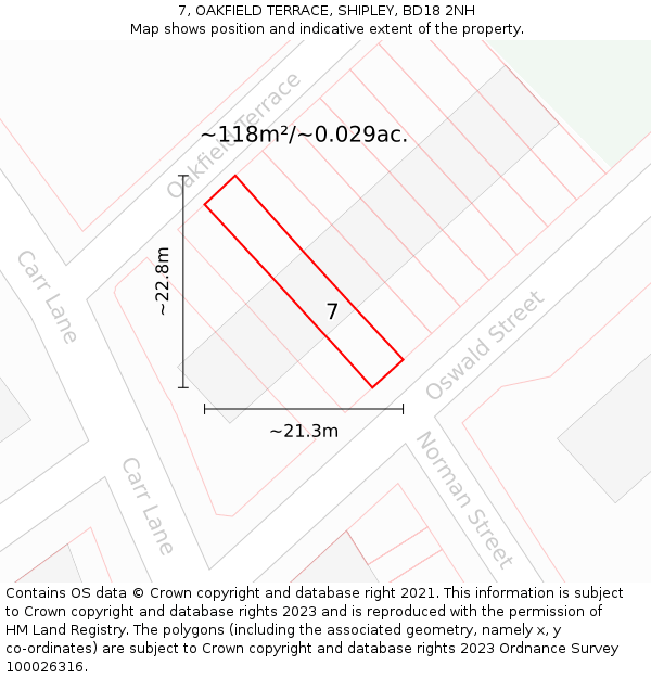 7, OAKFIELD TERRACE, SHIPLEY, BD18 2NH: Plot and title map