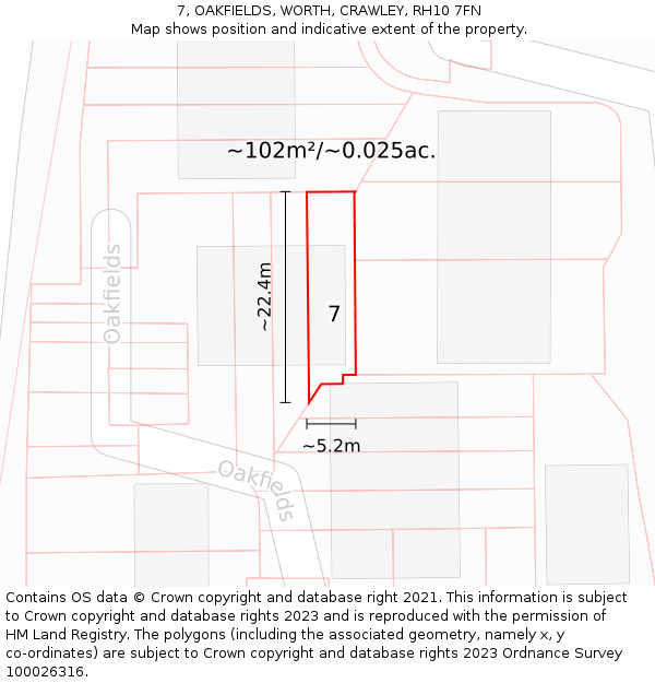 7, OAKFIELDS, WORTH, CRAWLEY, RH10 7FN: Plot and title map