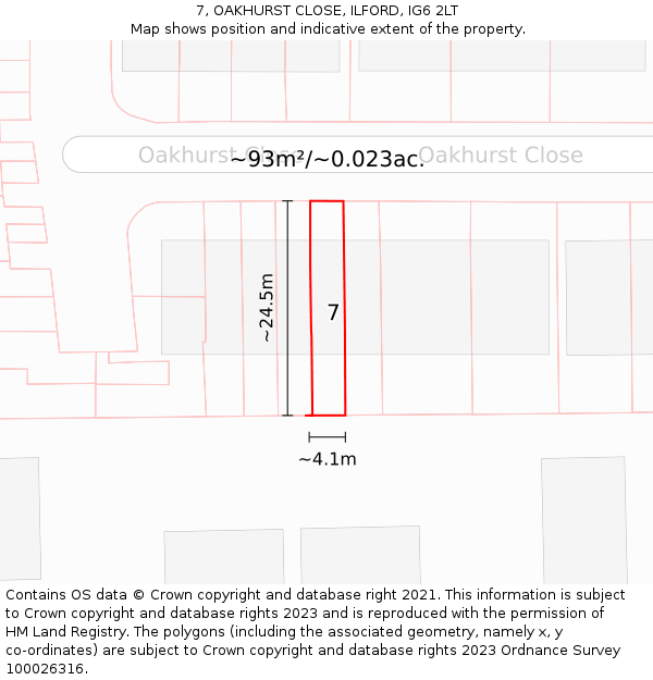 7, OAKHURST CLOSE, ILFORD, IG6 2LT: Plot and title map