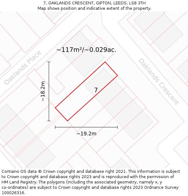 7, OAKLANDS CRESCENT, GIPTON, LEEDS, LS8 3TH: Plot and title map