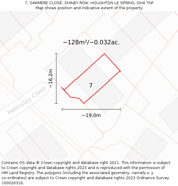 7, OAKMERE CLOSE, SHINEY ROW, HOUGHTON LE SPRING, DH4 7NF: Plot and title map