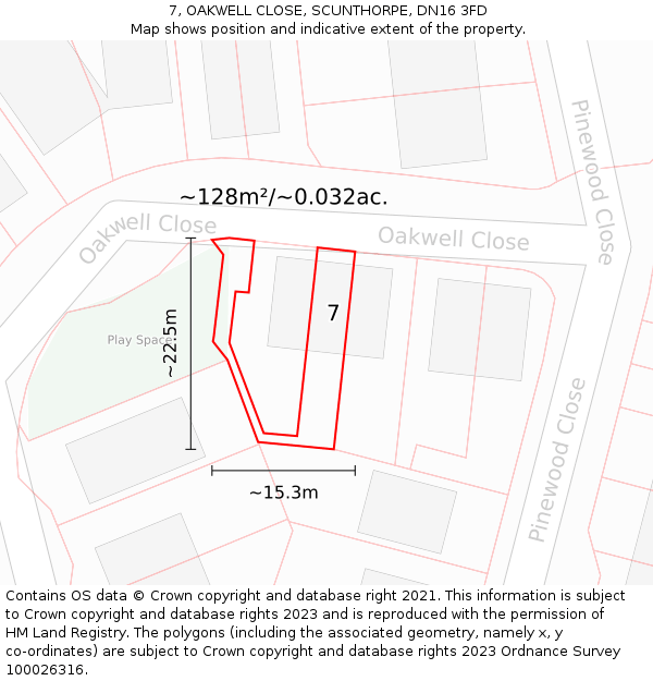 7, OAKWELL CLOSE, SCUNTHORPE, DN16 3FD: Plot and title map