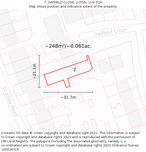 7, OATFIELD CLOSE, LUTON, LU4 0UH: Plot and title map