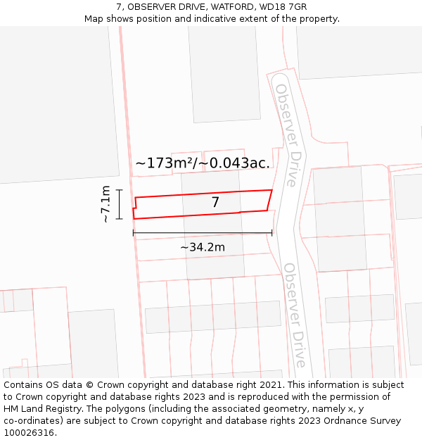 7, OBSERVER DRIVE, WATFORD, WD18 7GR: Plot and title map