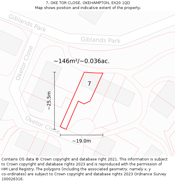 7, OKE TOR CLOSE, OKEHAMPTON, EX20 1QD: Plot and title map