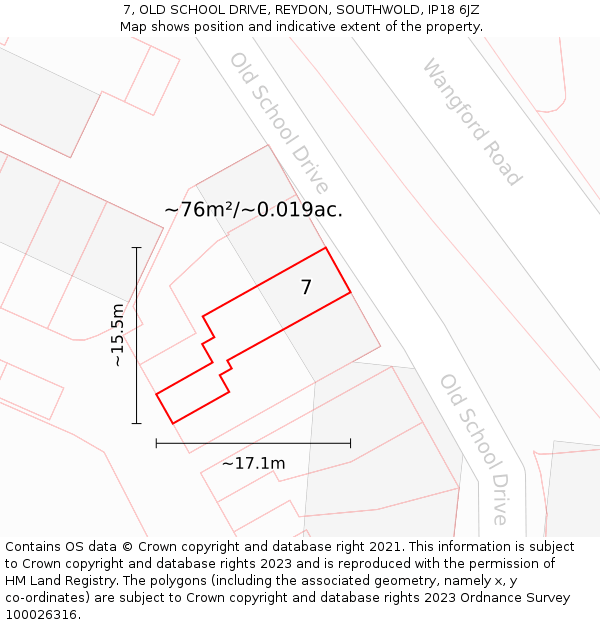 7, OLD SCHOOL DRIVE, REYDON, SOUTHWOLD, IP18 6JZ: Plot and title map