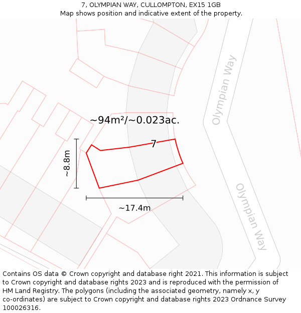 7, OLYMPIAN WAY, CULLOMPTON, EX15 1GB: Plot and title map