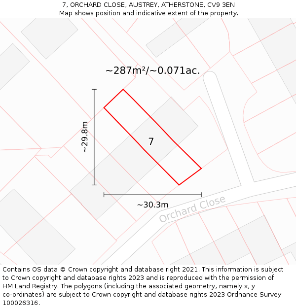 7, ORCHARD CLOSE, AUSTREY, ATHERSTONE, CV9 3EN: Plot and title map