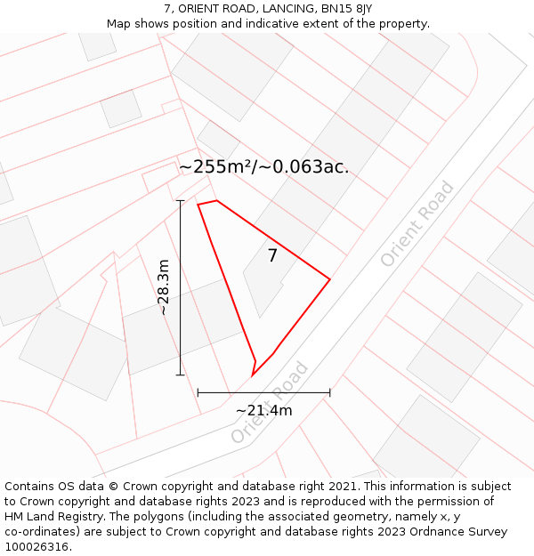 7, ORIENT ROAD, LANCING, BN15 8JY: Plot and title map