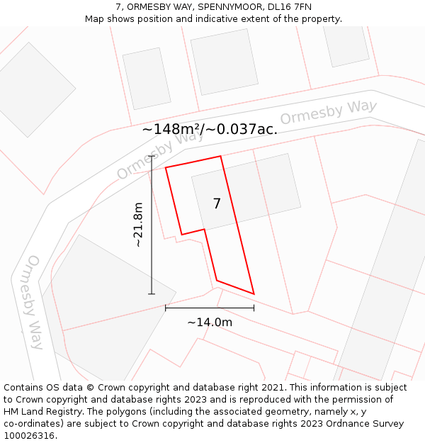 7, ORMESBY WAY, SPENNYMOOR, DL16 7FN: Plot and title map