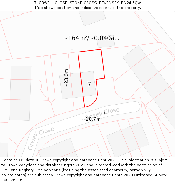 7, ORWELL CLOSE, STONE CROSS, PEVENSEY, BN24 5QW: Plot and title map