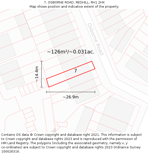 7, OSBORNE ROAD, REDHILL, RH1 2HX: Plot and title map