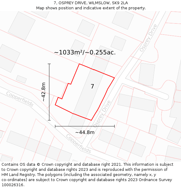 7, OSPREY DRIVE, WILMSLOW, SK9 2LA: Plot and title map