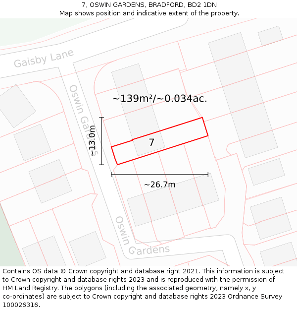 7, OSWIN GARDENS, BRADFORD, BD2 1DN: Plot and title map