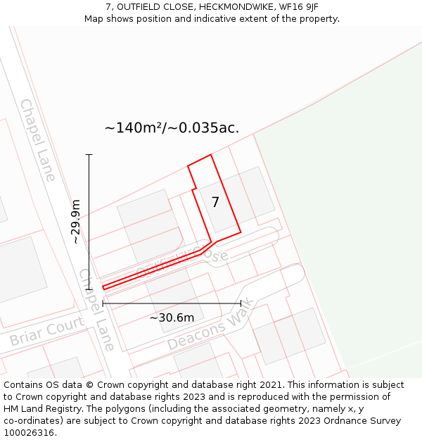 7, OUTFIELD CLOSE, HECKMONDWIKE, WF16 9JF: Plot and title map