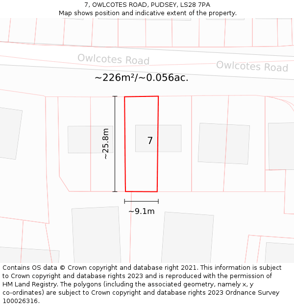 7, OWLCOTES ROAD, PUDSEY, LS28 7PA: Plot and title map