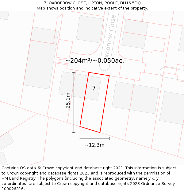 7, OXBORROW CLOSE, UPTON, POOLE, BH16 5DQ: Plot and title map