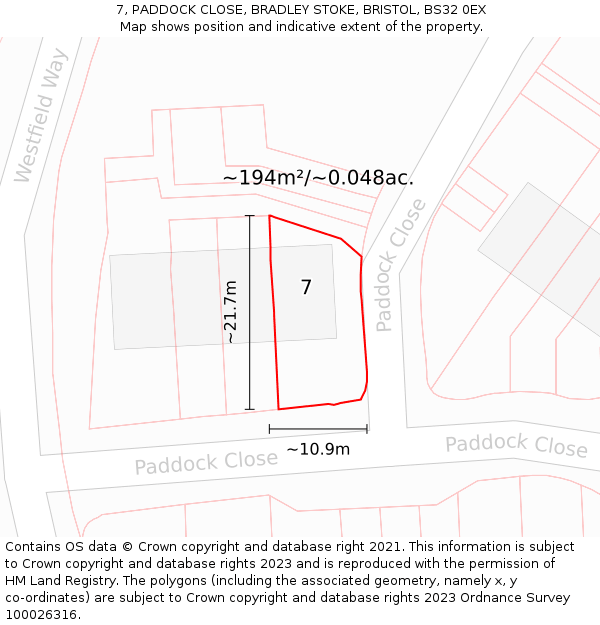 7, PADDOCK CLOSE, BRADLEY STOKE, BRISTOL, BS32 0EX: Plot and title map