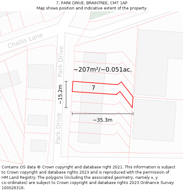 7, PARK DRIVE, BRAINTREE, CM7 1AP: Plot and title map