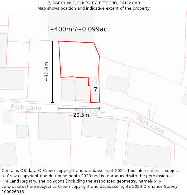 7, PARK LANE, ELKESLEY, RETFORD, DN22 8AR: Plot and title map