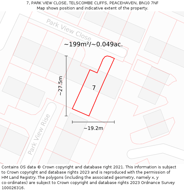 7, PARK VIEW CLOSE, TELSCOMBE CLIFFS, PEACEHAVEN, BN10 7NF: Plot and title map